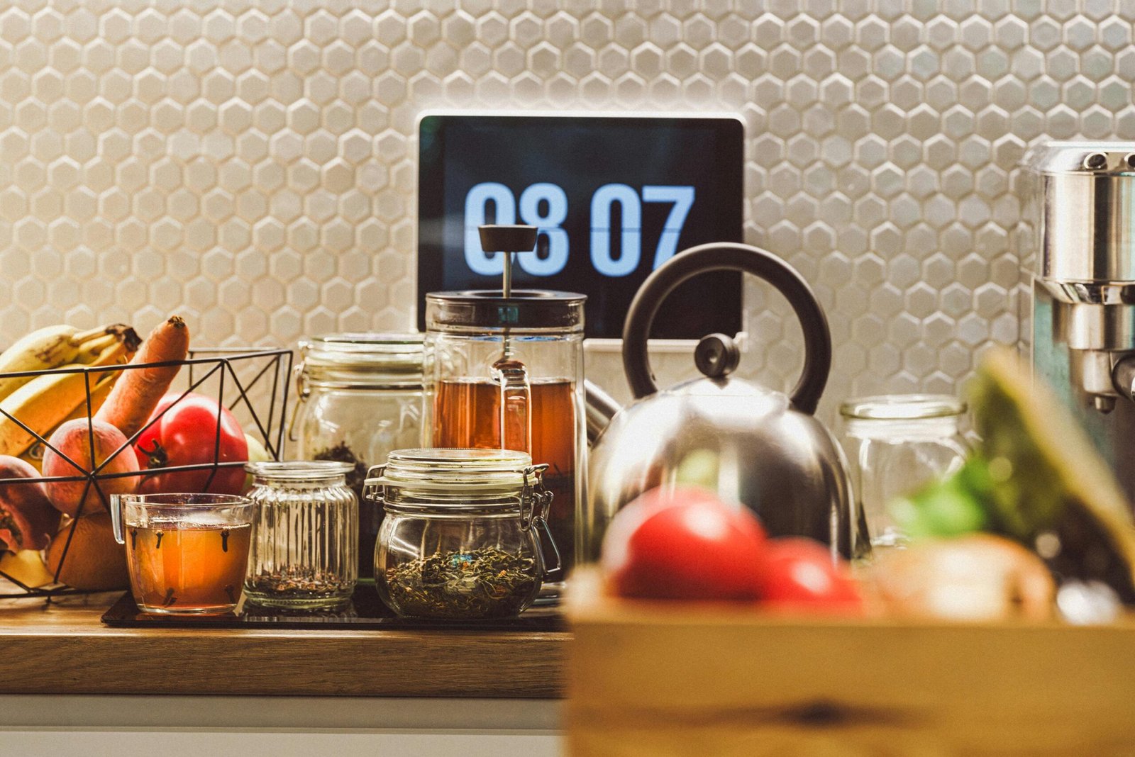 Home kitchen items interior. Tea jars teapots.