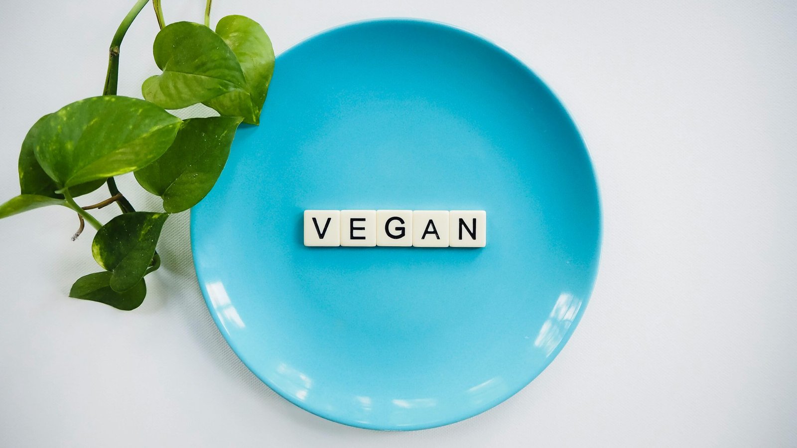 A blue plate with the word 'VEGAN' and a leafy plant, symbolizing a plant-based diet.